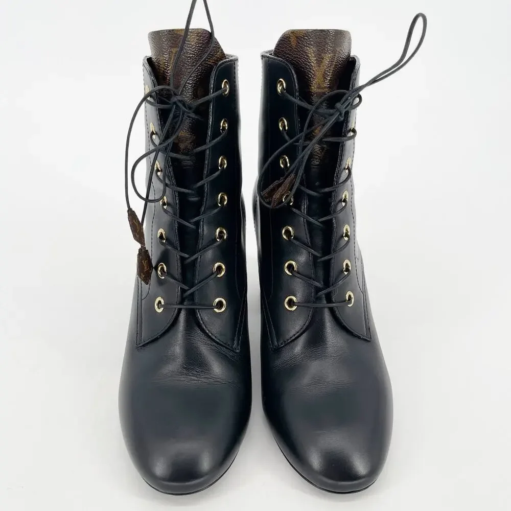 Louis Vuitton 2020 Bliss Black Leather Monogram LV Canvas Ankle Boots EU 37.5 - Picture 7 of 15